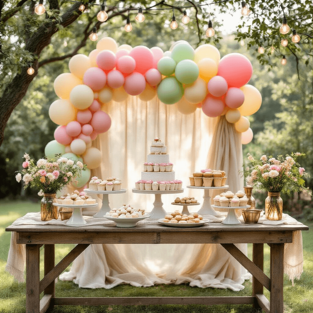 Ice Cream Balloons: The Sweetest Party Decoration You Can Actually Pull Off Overhead view of a charming garden party setup featuring a dessert table with ice cream treats, balloon columns in pastel colors, vintage serving pieces, mason jars of wildflowers, and string lights, all illuminated by soft morning light.