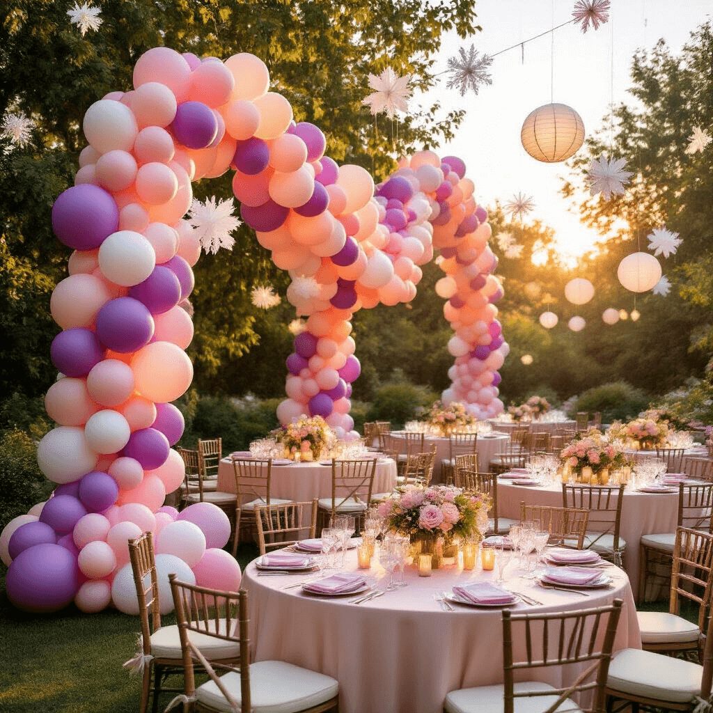 How Long Balloons Transformed My Party Game (And Why You Need Them Too) A wide-angle view of a magical outdoor garden party during golden hour, featuring a stunning 12-foot balloon backdrop in pink, purple, and white. Round tables with blush silk linens are illuminated by delicate glass votives, surrounded by honeycomb decorations and suspended balloon snowflakes. Vintage brass vessels hold white peonies and garden roses, while cozy seating areas with wooden benches and dusty rose velvet pillows invite guests to gather in intimate conversation.