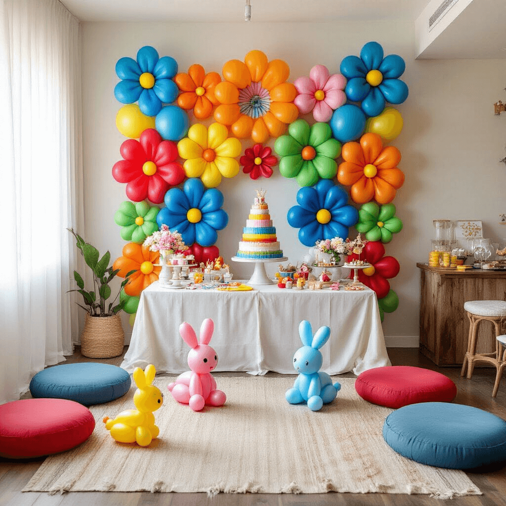 How Long Balloons Transformed My Party Game (And Why You Need Them Too) Overhead view of a vibrant indoor birthday party setup with handcrafted balloon art, a tiered rainbow cake, balloon animals, and colorful treats in a modern apartment living room.