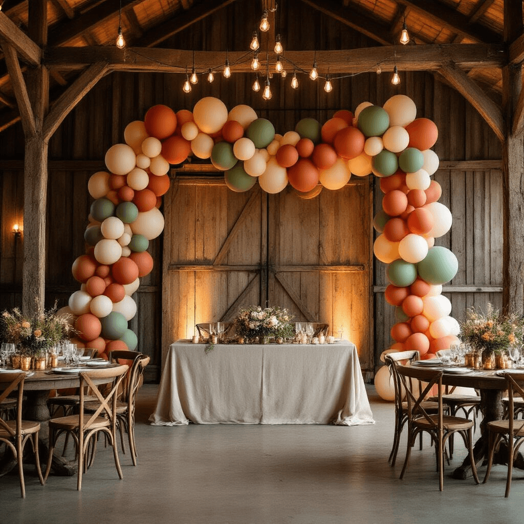 How Long Balloons Transformed My Party Game (And Why You Need Them Too) Cinematic wide shot of a rustic barn wedding reception with dramatic balloon installations in terracotta, sage green, and cream, featuring a head table draped in natural linen, Edison bulb string lights, vintage mismatched chairs, and whimsical floating balloon flowers.