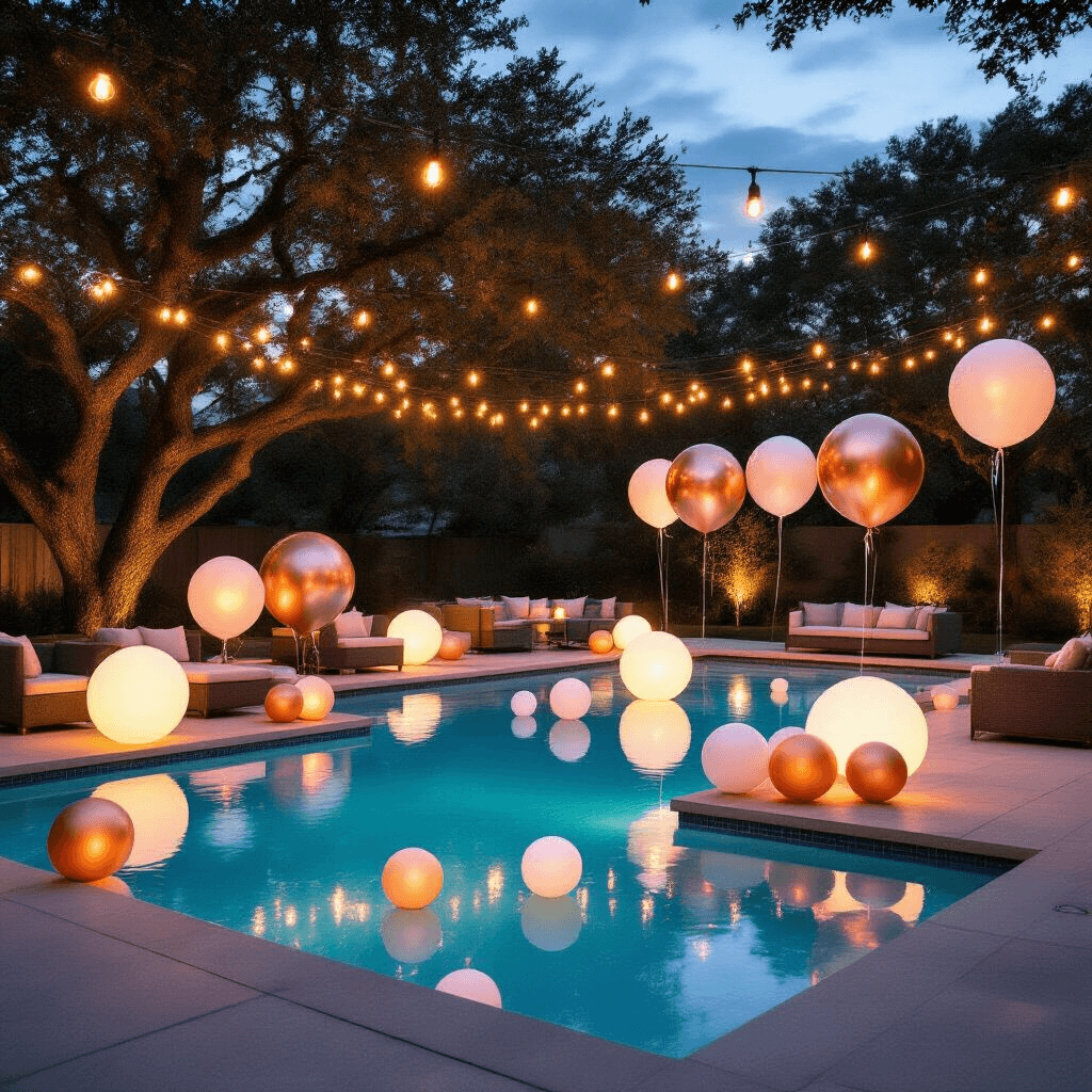 Pool Balloons: Everything You Need to Know About Floating Party Decor That Actually Stays Put Cinematic evening shot of an elegant pool party with glowing mixed-size balloons, sleek outdoor furniture, and string lights creating a magical atmosphere by a residential pool.