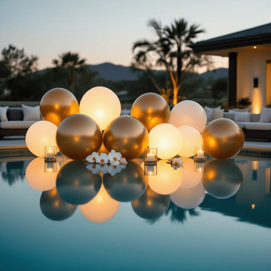 Pool Balloons: Everything You Need to Know About Floating Party Decor That Actually Stays Put A moody flat lay of a luxurious evening gathering by a residential pool, showcasing a sophisticated balloon arrangement with glowing LED lights, floating candles, white orchid blooms, and modern outdoor furniture amidst lush landscaping.