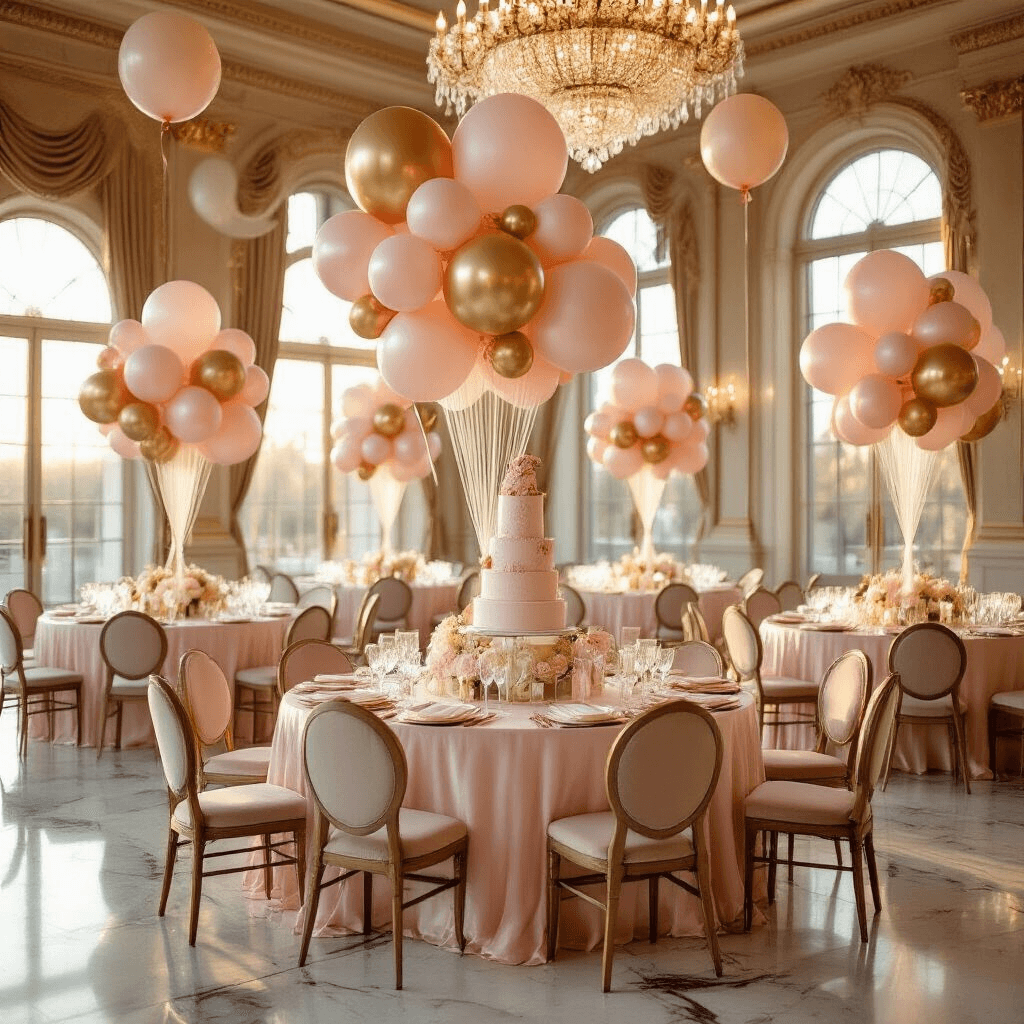 Where to Get Birthday Balloons: Your Complete Guide to Finding Perfect Party Decorations Elegant indoor ballroom birthday celebration with round tables dressed in blush pink silk linens and ivory lace overlays, featuring towering balloon centerpieces, crystal chandeliers, and floating helium balloons, all bathed in warm golden hour sunlight.