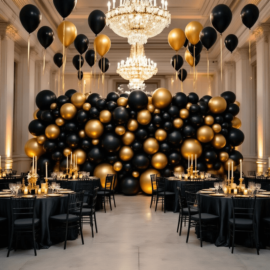 Black Balloons for Birthdays: Your Complete Guide to Styling Dark and Dramatic Celebrations An elegant indoor evening birthday party with a dramatic black and gold balloon backdrop, high ceilings, crystal chandeliers, round tables with charcoal silk linens and low balloon centerpieces, flickering candles, and helium-filled black balloons floating above.