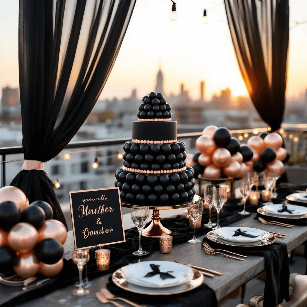Black Balloons for Birthdays: Your Complete Guide to Styling Dark and Dramatic Celebrations Intimate rooftop terrace birthday celebration at golden hour, featuring a dessert table styled with tiered black and rose gold balloon arrangements, marble serving platters, velvet charcoal table runners, and decorative black latex balloons. Soft ambient lighting from string lights and sheer black drapery enhances the elegant setup with glassware, personalized signage, and silk ribbon-tied balloon bouquets.