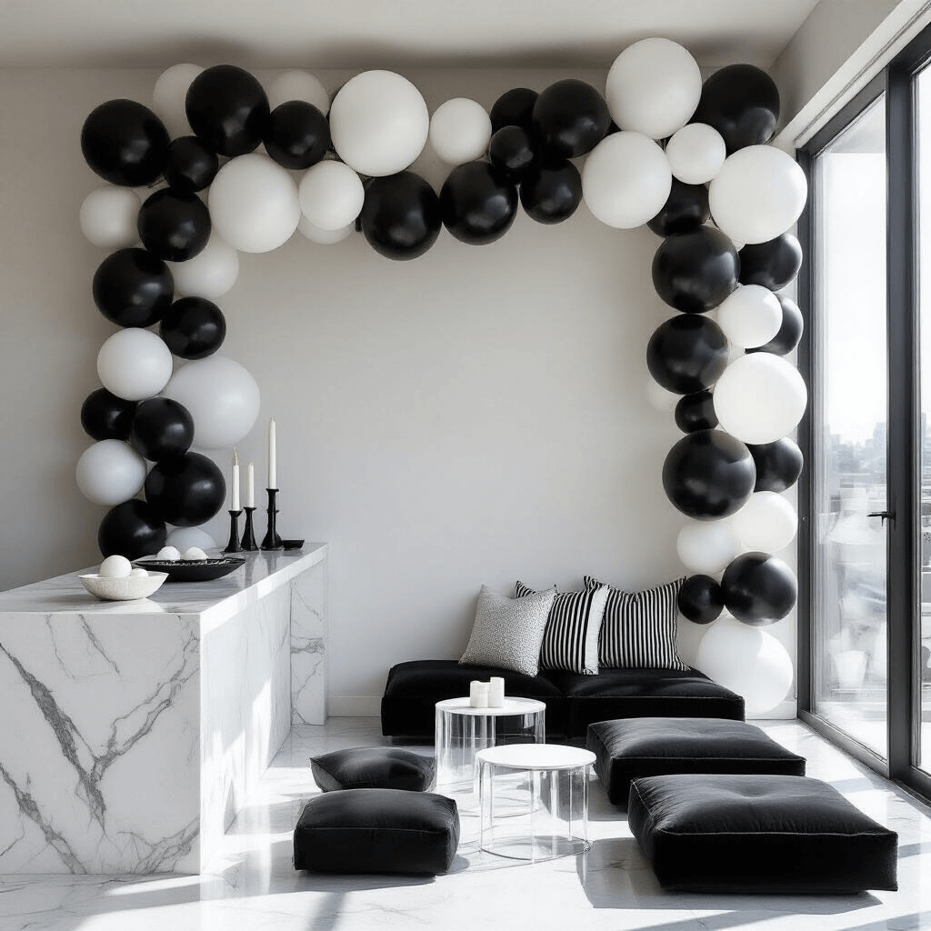 Black Balloons for Birthdays: Your Complete Guide to Styling Dark and Dramatic Celebrations A modern apartment living space decorated for a milestone birthday featuring a bold black and white balloon installation, overhead perspective of a minimalist balloon garland on white marble countertops and charcoal velvet cushions, with geometric patterns in matte and translucent black and white balloons, sleek ceramics, striped linens, and contemporary candles, all under bright natural lighting.