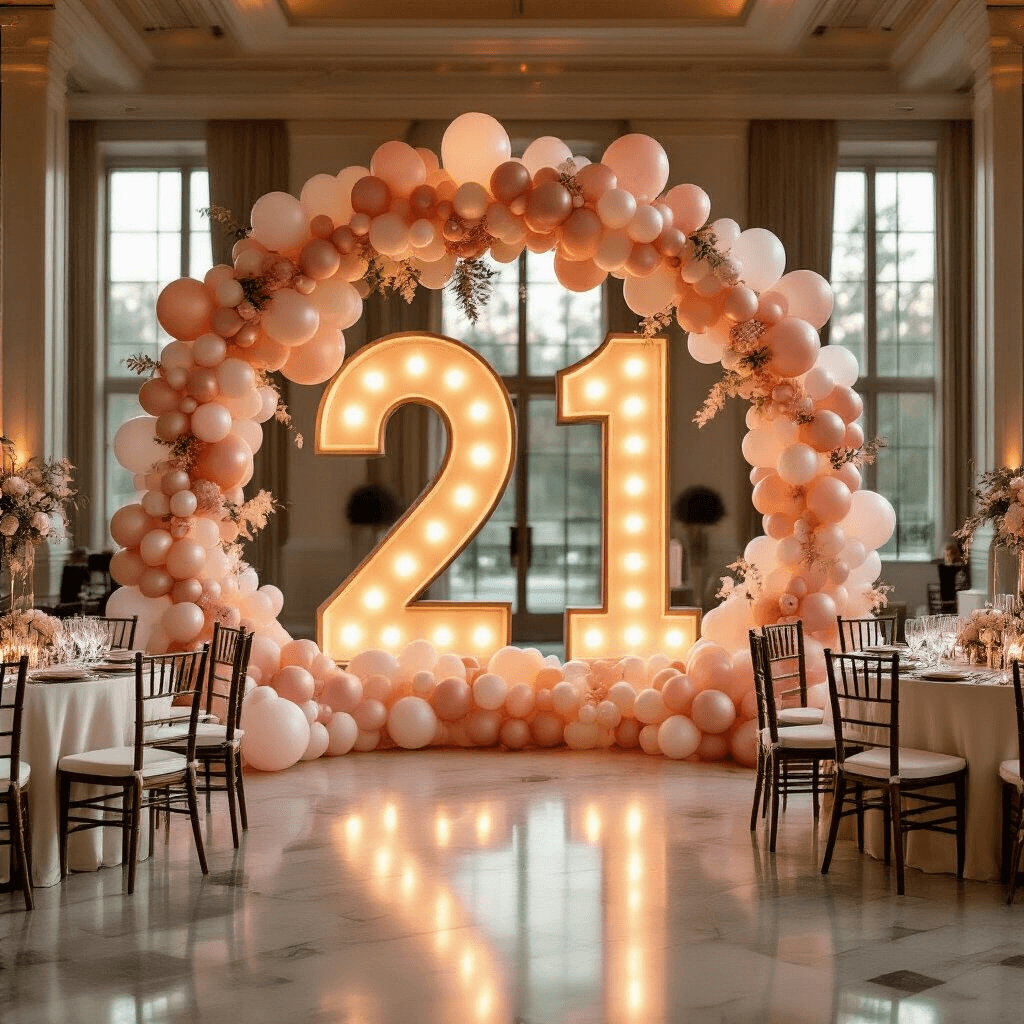 Marquee Numbers with Balloon Garlands: The Party Statement You Didn't Know You Needed Elegant ballroom decorated for a celebration, featuring illuminated '21' marquee numbers surrounded by cascading balloon garlands in blush pink, rose gold, and ivory, with softly draped tables and crystal glassware reflecting warm golden hour light.