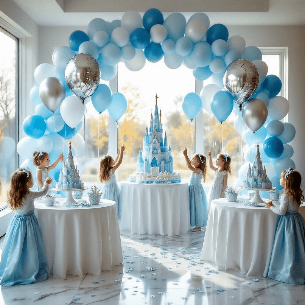 Frozen Balloons: Everything You Need to Know About Party Decor and DIY Ice Magic A lively indoor children's birthday party featuring a bright modern living room with elegant decor, including Frozen-themed balloon centerpieces, a multi-tiered Frozen castle cake, and children in Elsa costumes reaching for floating balloons, all illuminated by soft afternoon light.
