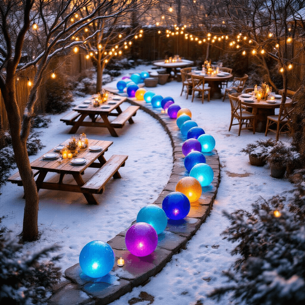 Frozen Balloons: Everything You Need to Know About Party Decor and DIY Ice Magic A cozy winter garden party setup featuring rustic picnic tables in a snow-dusted backyard, colorful glowing ice balloons along a stone pathway, vintage wooden chairs, homemade ice sculptures among bare trees, warm string lights, and hot chocolate stations, all captured during golden hour.
