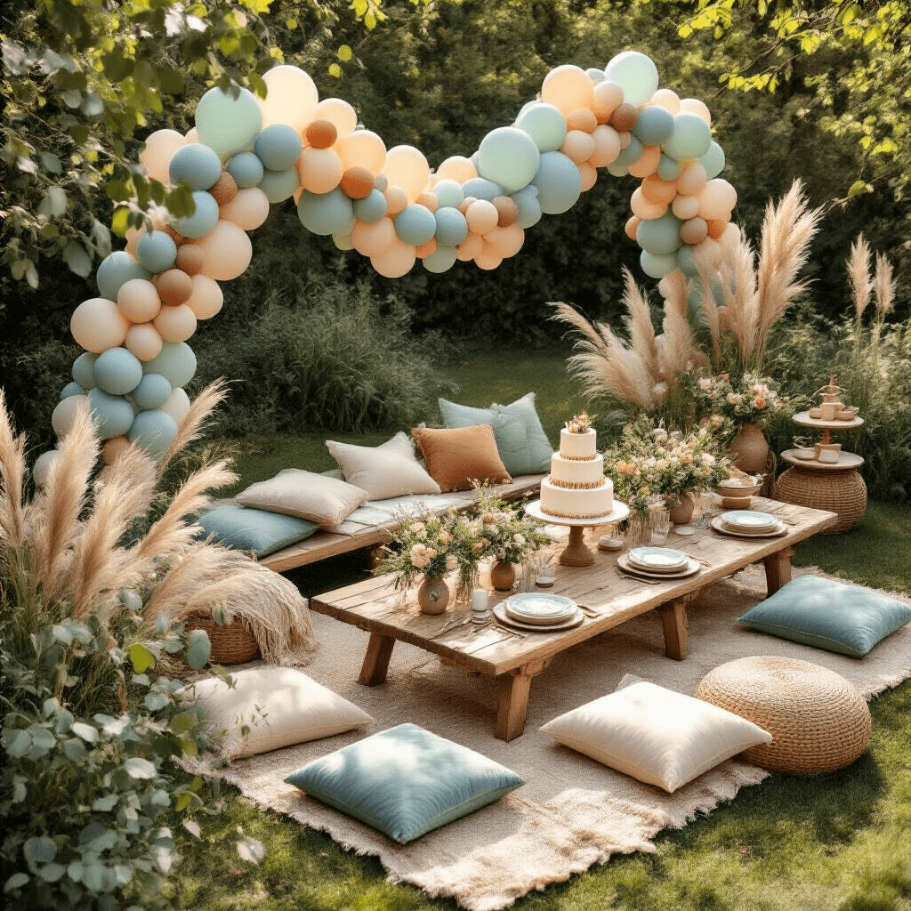 Blue Balloon Aesthetics: Why I'm Obsessed With This Dreamy Decor Trend Whimsical outdoor garden party with low wooden tables, cream velvet floor cushions, and a muted balloon garland, featuring a three-tiered vanilla cake adorned with fresh lavender and mason jar centerpieces filled with wildflowers, all set in soft morning light.