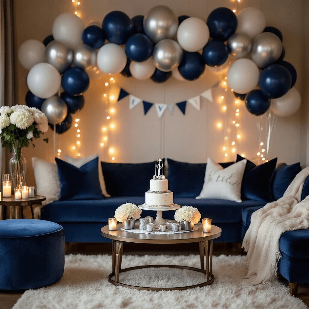 Blue Balloon Aesthetics: Why I'm Obsessed With This Dreamy Decor Trend A cozy living room transformed into an elegant first birthday party, featuring navy blue, silver, and white balloons, a small tiered cake on a silk-draped coffee table, plush seating with cushions and throws, and warm candlelight ambiance enhanced by string lights and metallic decorations.