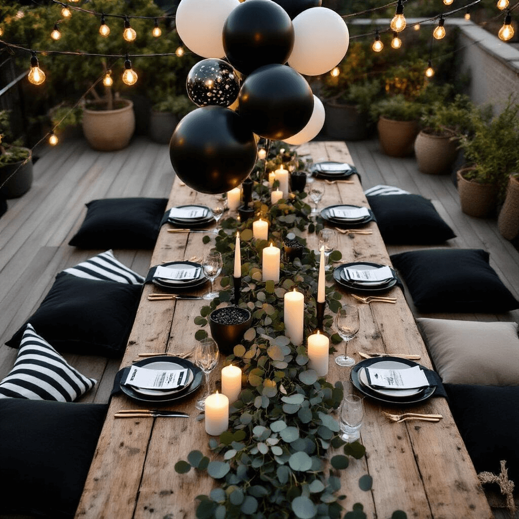 Black Balloons Aesthetic: Why These Dark Beauties Are Taking Over Every Stylish Party An intimate rooftop terrace setup featuring a rustic wooden dining table adorned with black balloon clusters, eucalyptus garland, and white pillar candles, all illuminated by overhead string lights, with velvet floor cushions and a city skyline backdrop.