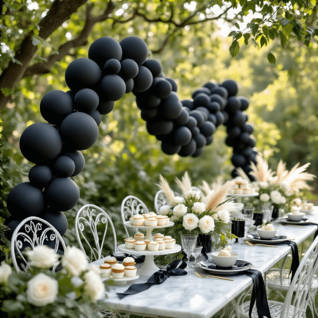 Black Balloons Aesthetic: Why These Dark Beauties Are Taking Over Every Stylish Party Close-up of a whimsical garden party setup with black balloon garland around white wrought iron chairs, surrounded by white roses and pampas grass, featuring elegant desserts on brass cake stands and delicate glassware, all illuminated by soft morning light.