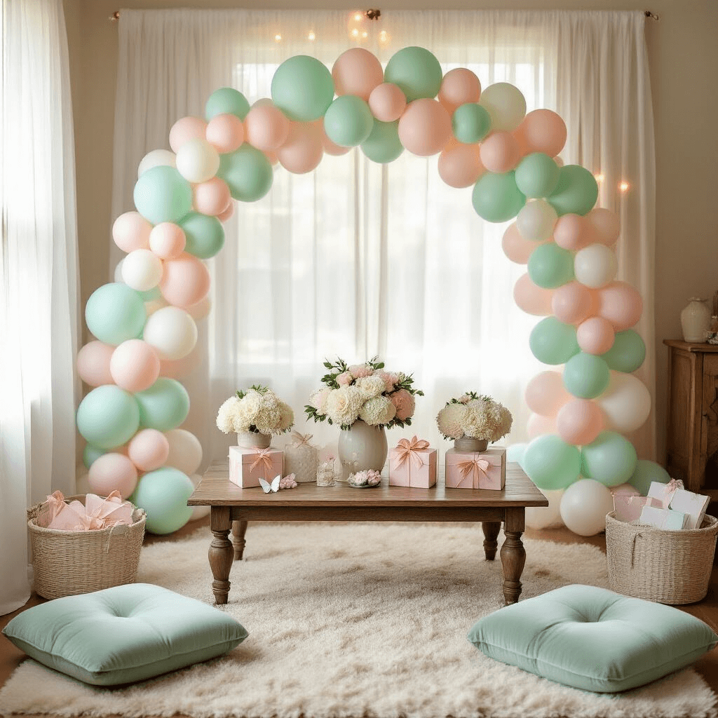 Green Balloon Decorations: Your Complete Guide to Creating Stunning Party Backdrops Overhead view of a cozy baby shower setup in a living room, featuring a mint green, dusty pink, and white balloon arch, cream velvet floor cushions, a rustic wooden table with pastel balloons, white hydrangeas, personalized gift boxes, and fairy lights, all illuminated by soft afternoon sunlight.