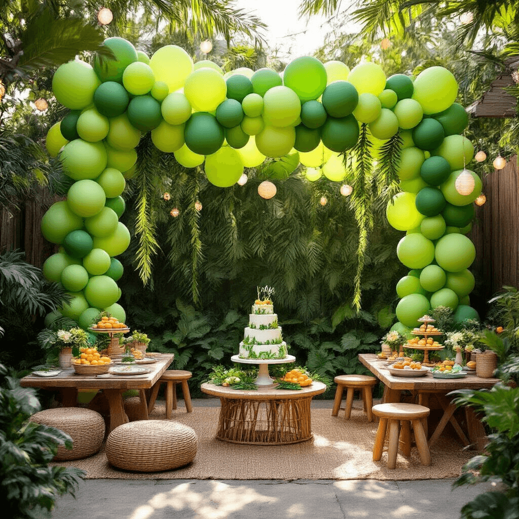 Green Balloon Decorations: Your Complete Guide to Creating Stunning Party Backdrops Cinematic wide shot of a jungle-themed first birthday party in a stylish backyard, featuring monochromatic green balloon garlands, picnic-style low tables, toddler seating, a tiered jungle cake, ambient lighting, and safari-themed decor, all captured in warm golden hour lighting.