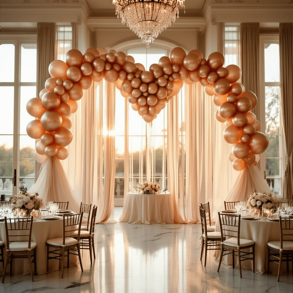 Heart Balloons: Why They're the Perfect Decoration for Any Celebration (And How to Use Them Like a Pro) A luxurious indoor ballroom adorned with heart balloon installations in rose gold and champagne, illuminated by golden hour sunlight streaming through French windows, featuring cream silk tables, floral centerpieces, and sparkling chandeliers.