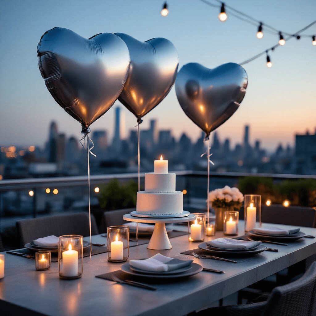Heart Balloons: Why They're the Perfect Decoration for Any Celebration (And How to Use Them Like a Pro) Close-up of a modern rooftop birthday celebration at night, featuring metallic silver heart balloons, a chic outdoor dining setup with gray linen and white dinnerware, a marble stand with a tiered birthday cake, and fairy lights against a city skyline.