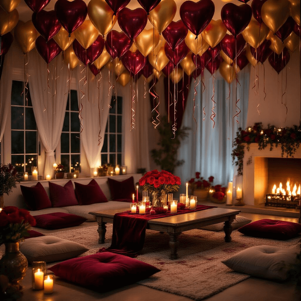 Heart Balloons: Why They're the Perfect Decoration for Any Celebration (And How to Use Them Like a Pro) A cozy living room set for a romantic anniversary dinner, adorned with heart balloons, a velvet table runner, candles, and fresh roses, creating an intimate and luxurious atmosphere.