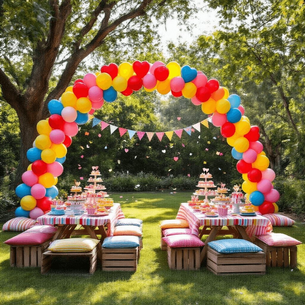 Heart Balloons: Why They're the Perfect Decoration for Any Celebration (And How to Use Them Like a Pro) A vibrant children's birthday party in a sunny backyard, featuring a heart balloon rainbow arch, colorful picnic tables with cupcakes, bunting flags, and playful decor elements, creating a joyful atmosphere.