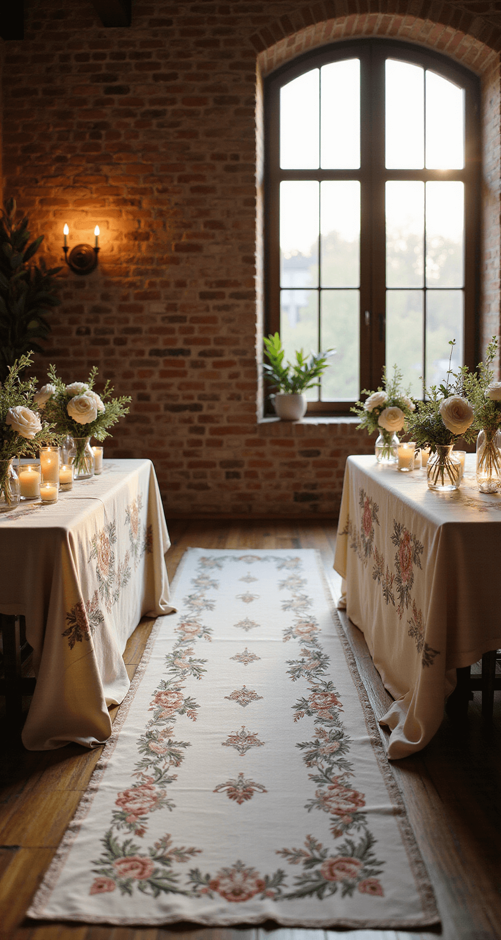 Home Wedding Decor: Transform Your Space Into a Stunning Celebration Venue Without Breaking the Bank Photorealistic wedding ceremony in a cozy living room featuring exposed brick walls, soft golden hour lighting, vintage table runners, tall glass vases with eucalyptus and white roses, and warm battery-operated candles for an intimate atmosphere.