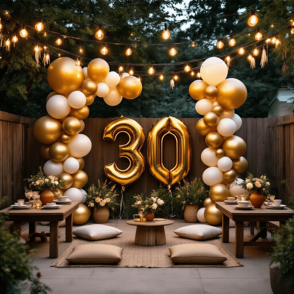 Number 30 Balloons That'll Make Your 30th Birthday Party Instagram-Worthy Moody wide shot of a stylish backyard evening party with dramatic balloon installations, giant gold 30 balloons, and string lights creating a magical atmosphere, featuring low wooden tables with floor cushions and floral arrangements.