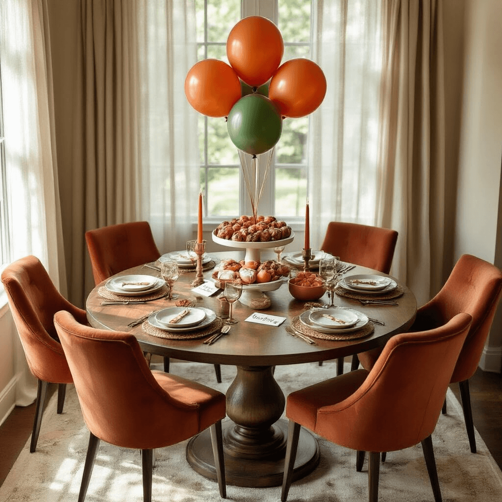 Football Balloons: Everything You Need to Know About These Game Day Must-Haves Overhead view of a stylish dining nook set for a championship viewing party, featuring a round walnut table adorned with tiered terracotta and sage green balloon centerpieces, ceramic serving bowls, and silk table runners, all bathed in morning sunlight. Velvet cognac chairs complete the intimate atmosphere.