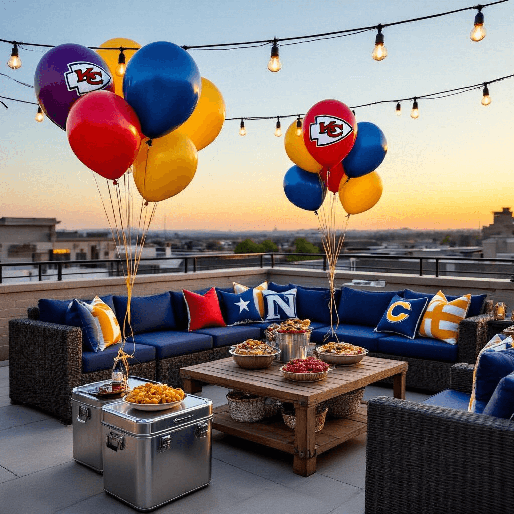 Football Balloons: Everything You Need to Know About These Game Day Must-Haves Luxurious outdoor tailgate setup on a private rooftop during golden hour, featuring secured team balloons, elegant sectional seating, rustic serving carts with gourmet fare, and string lights, set against an urban skyline.