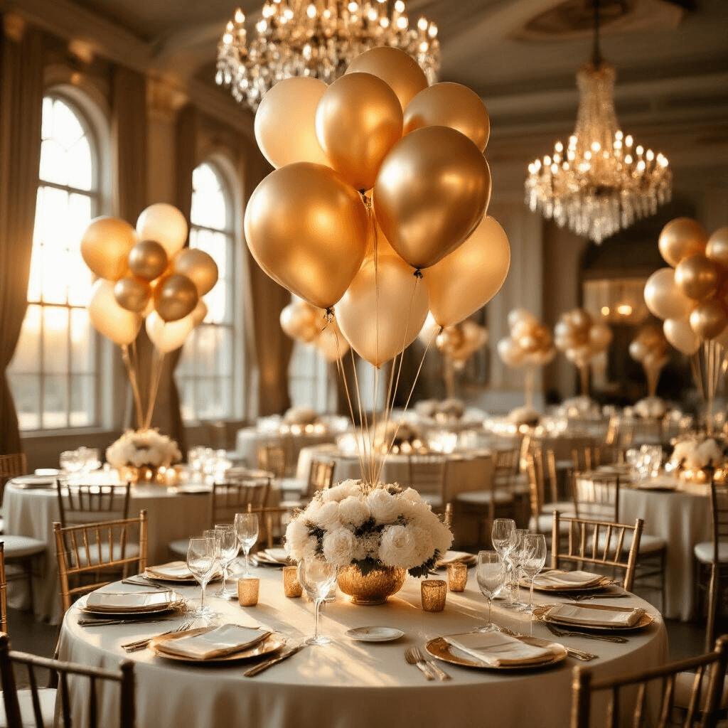 Golden Balloons: Everything You Need to Know About Adding Sparkle to Your Next Celebration A luxurious indoor ballroom elegantly decorated for an event during golden hour, featuring floating metallic gold foil balloon centerpieces, ivory silk table linens, and warm light from crystal chandeliers, with floral arrangements and gold accents enhancing the celebratory atmosphere.