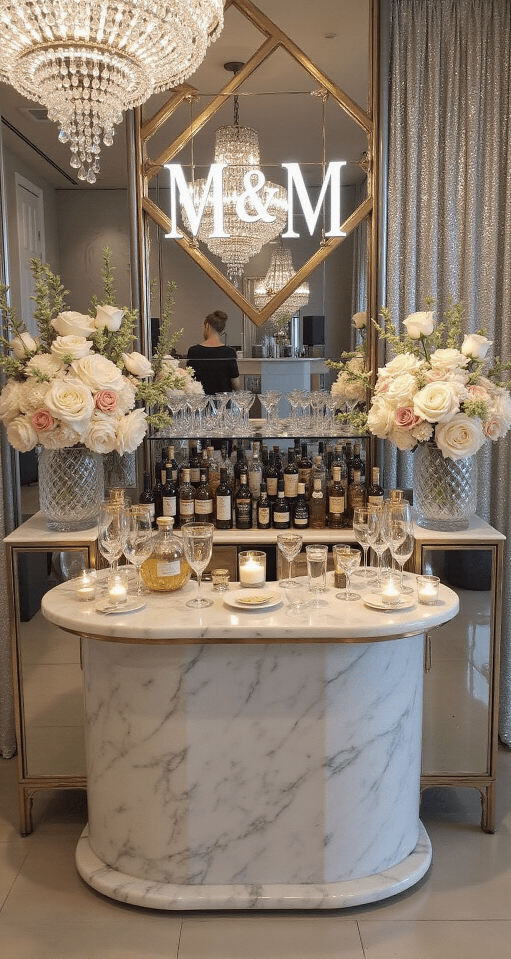 Wedding Bar Decor Ideas That'll Make Your Guests Actually Want to Hang Around Luxurious glam wedding bar featuring a white marble bar front with gold trim, mirrored surfaces, crystal chandeliers, and abundant white and blush floral arrangements in tall vases, complemented by geometric neon signage, soft uplighting, crystal stemware, elegant gold bar tools, premium liquor bottles, and a shimmering fabric backdrop.