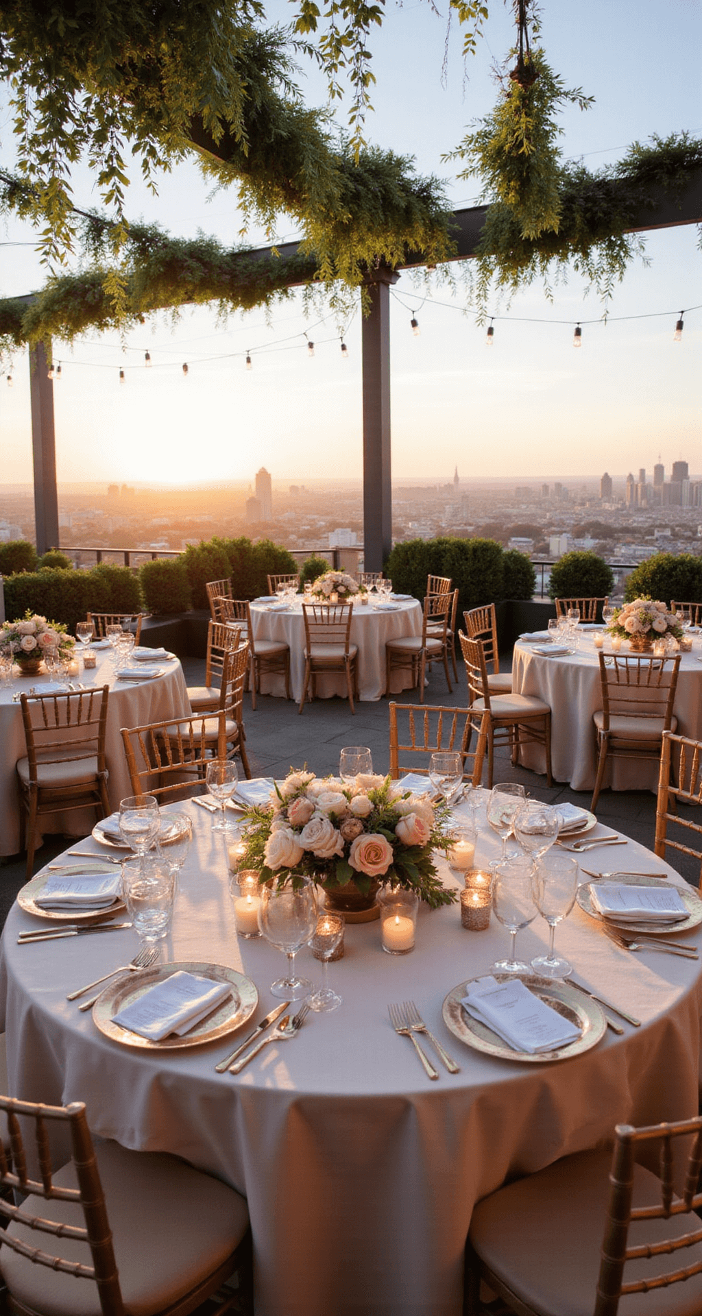 How to Create Romantic Wedding Decor That Actually Makes Your Guests Feel Something A romantic rooftop sunset wedding with blush and gold accents, showcasing an open-air reception space adorned with string lights and greenery, round tables with champagne silk linens, and floral centerpieces of garden roses and hydrangeas.