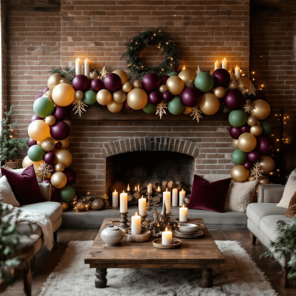 Holiday Balloons: Everything You Need to Transform Your Space This Season Overhead view of a cozy living room with a rustic wooden mantel decorated with a sophisticated balloon garland in burgundy and sage green, featuring gold foil reindeer and Christmas trees, surrounded by warm candlelight and plush velvet cushions, creating an intimate holiday atmosphere.