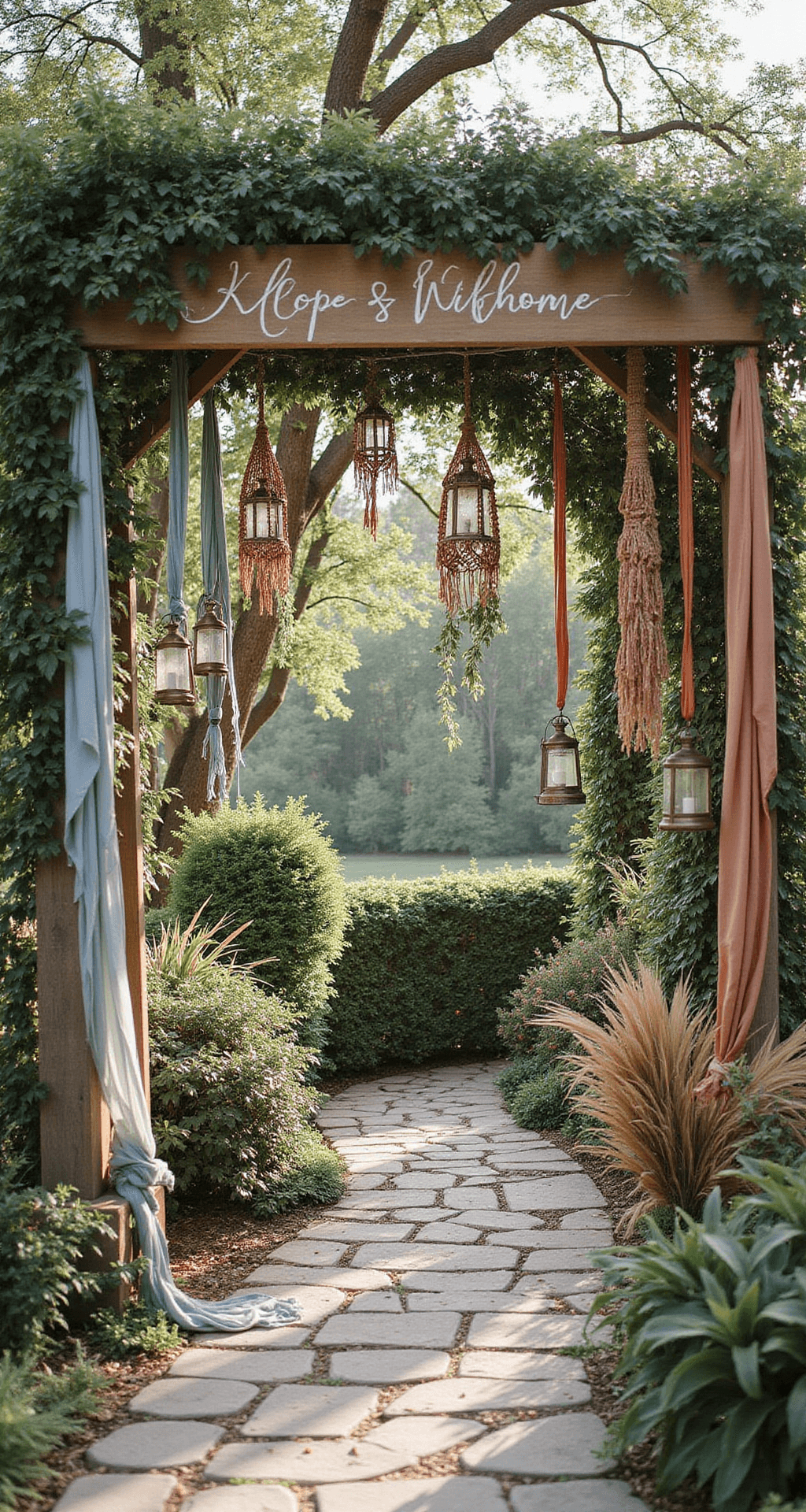 Popular Wedding Entrance Décor Ideas That'll Make Your Guests Gasp A bohemian garden wedding entrance featuring macramé hanging hoops adorned with dusty blue and terracotta silk ribbons, surrounded by abundant greenery and dried pampas grass. Wooden rustic signage with hand-lettered calligraphy, vintage brass lanterns suspended at different heights, and a natural stone pathway enhance the dreamy atmosphere in soft morning light.