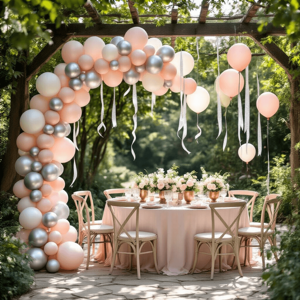 Silver Balloon Decorations: Everything I've Learned About Creating Stunning Metallic Magic Overhead view of a whimsical garden party setup featuring a silver and blush balloon installation on a rustic pergola, with tables adorned in blush linen, vintage brass vessels with flowers, and fairy lights, creating a romantic and elegant atmosphere in soft morning light.