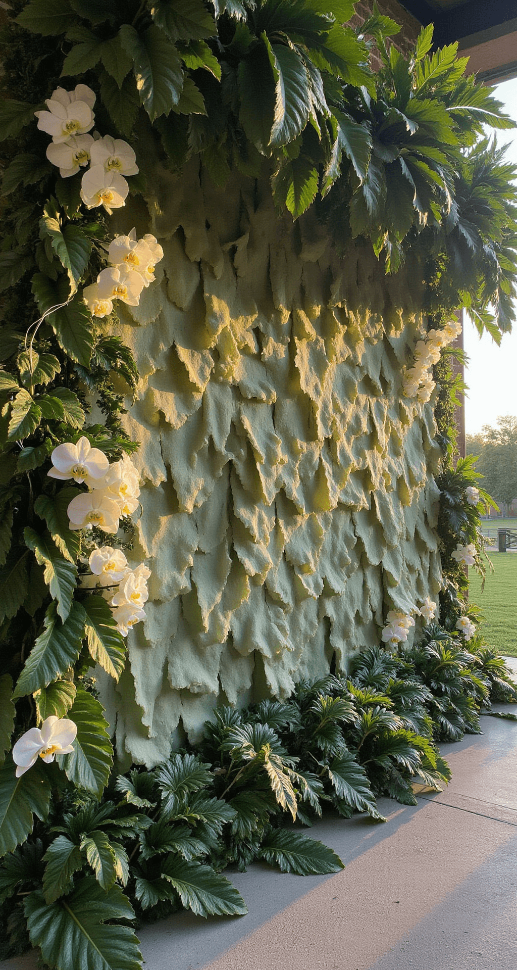 How to Create Stunning Banana Leaf Decor for Your Wedding Day A lavish wedding altar backdrop adorned with layered banana leaves in shades of green, featuring white orchids and string lights, illuminated by golden hour sunlight.