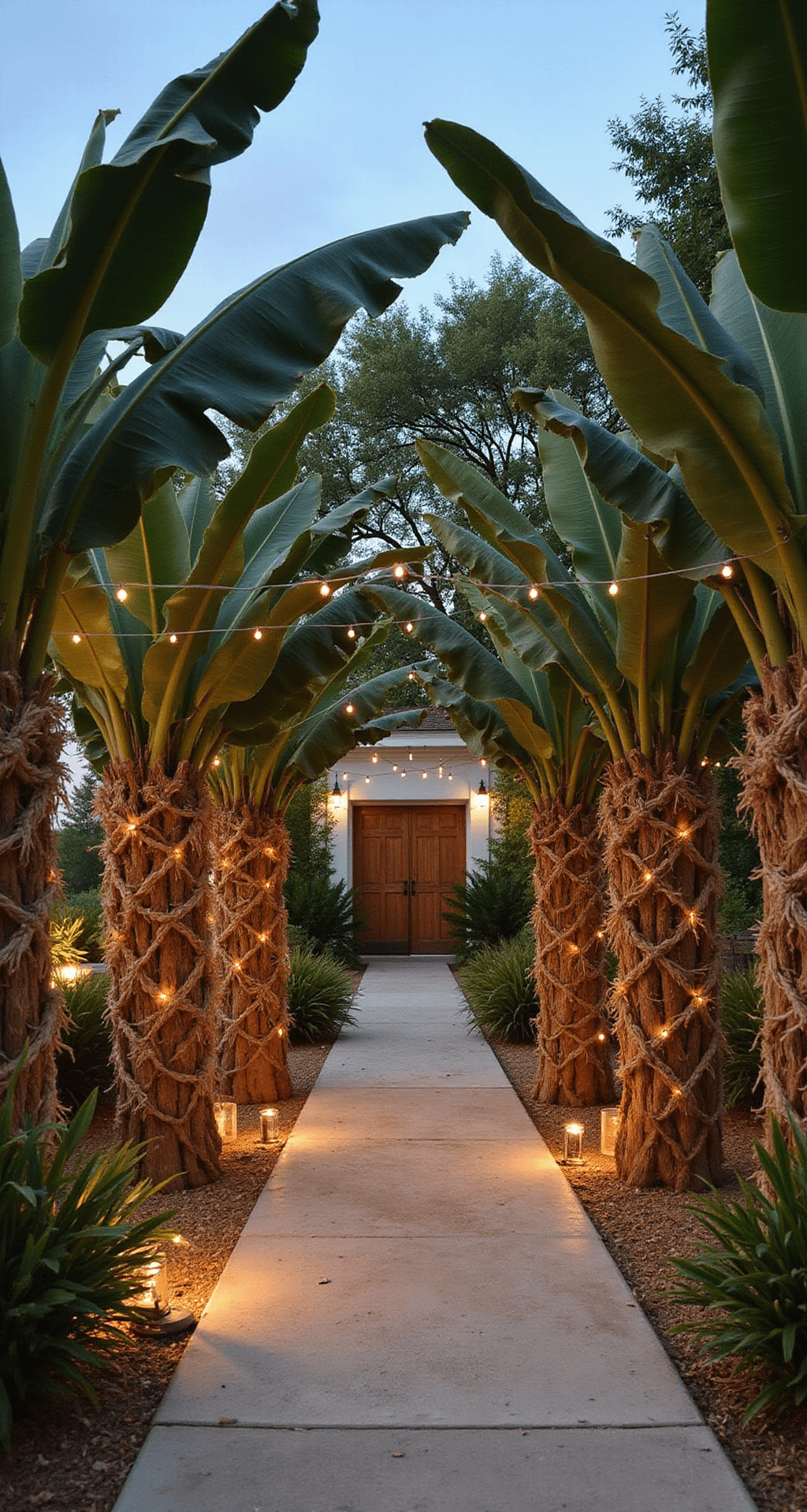 How to Create Stunning Banana Leaf Decor for Your Wedding Day A bohemian outdoor wedding entrance with banana leaf pillars, dried pampas grass, macramé elements, and warm string lights, creating a magical atmosphere.