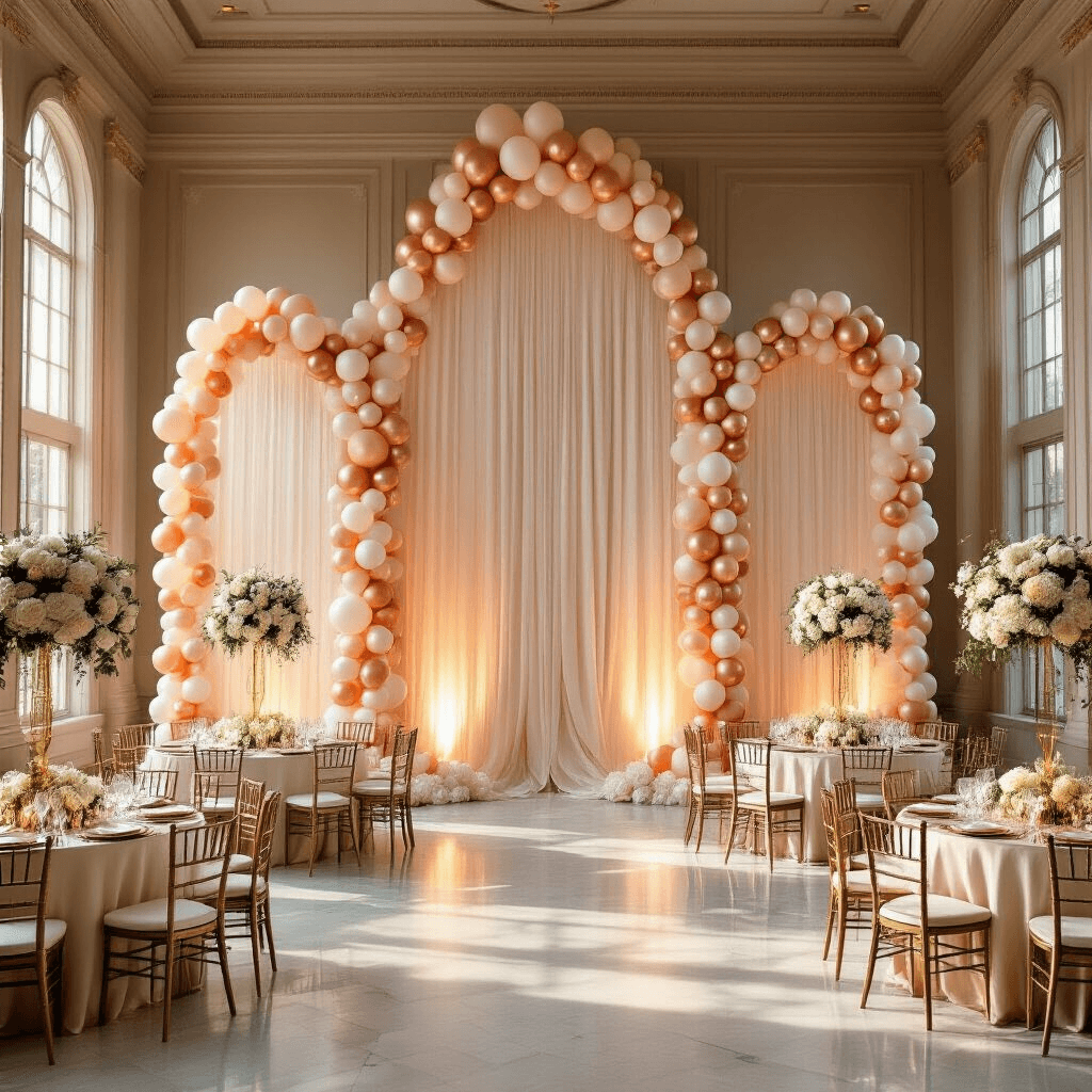 Three Arch Balloon Backdrop: Your Complete Guide to Creating Instagram-Worthy Party Magic Elegant indoor ballroom with balloon arch backdrops in rose gold, blush pink, and white, surrounded by round tables with silk ivory linens, gold-rimmed glassware, and floral centerpieces, bathed in warm golden hour light.