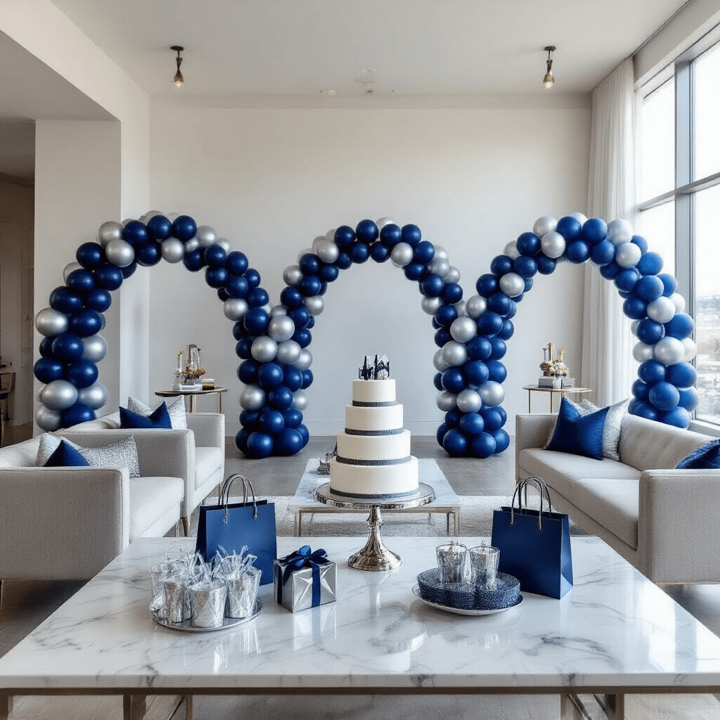 Three Arch Balloon Backdrop: Your Complete Guide to Creating Instagram-Worthy Party Magic Wide-angle shot of a modern apartment living space decorated for a birthday celebration, featuring three symmetrical balloon arches in navy blue, silver, and clear against white walls, with contemporary furniture moved aside. A tiered birthday cake on a glass stand is displayed on a marble countertop, surrounded by gift bags and party favors, while natural sunlight streams through floor-to-ceiling windows, enhancing the sophisticated decor.