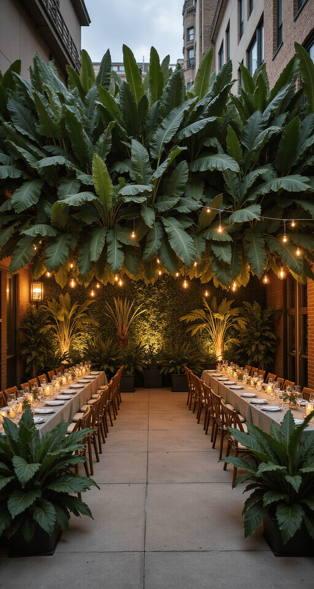 How to Create Stunning Banana Leaf Decor for Your Wedding Day A vibrant rooftop wedding reception featuring a sculptural banana leaf installation as a partition, with strategic lighting casting dramatic shadows and warm terracotta and sage accents enhancing the greenery, creating an intimate atmosphere in an urban setting.