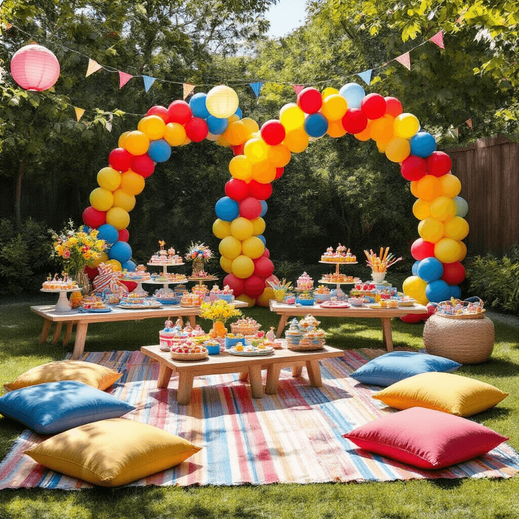Three Arch Balloon Backdrop: Your Complete Guide to Creating Instagram-Worthy Party Magic Whimsical children's party setup in a stylish backyard featuring colorful balloon arches, picnic blankets, themed supplies, a dessert cart, oversized cushions, and festive decorations under midday sun.