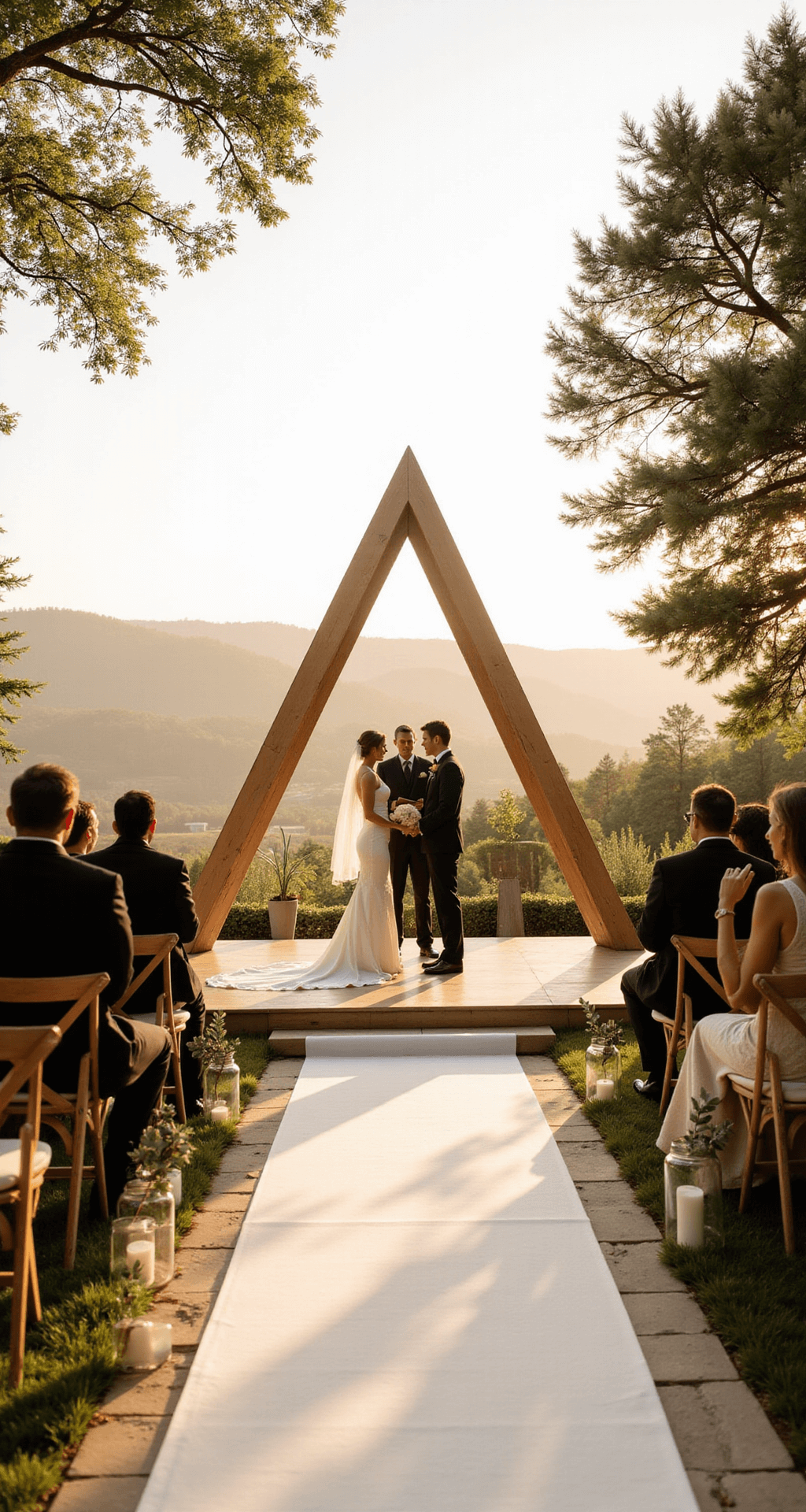 Elegant Minimalist Wedding Decor: How to Create a Stunning Celebration with Less Elegant minimalist wedding ceremony arch in golden hour sunlight with a geometric bleached wood triangle frame, white linen aisle runner, eucalyptus branches in glass jars as aisle markers, and silhouettes of bride and groom exchanging vows under the arch, surrounded by seated guests on wood chairs, natural stone pathways, and rolling hills in the background.