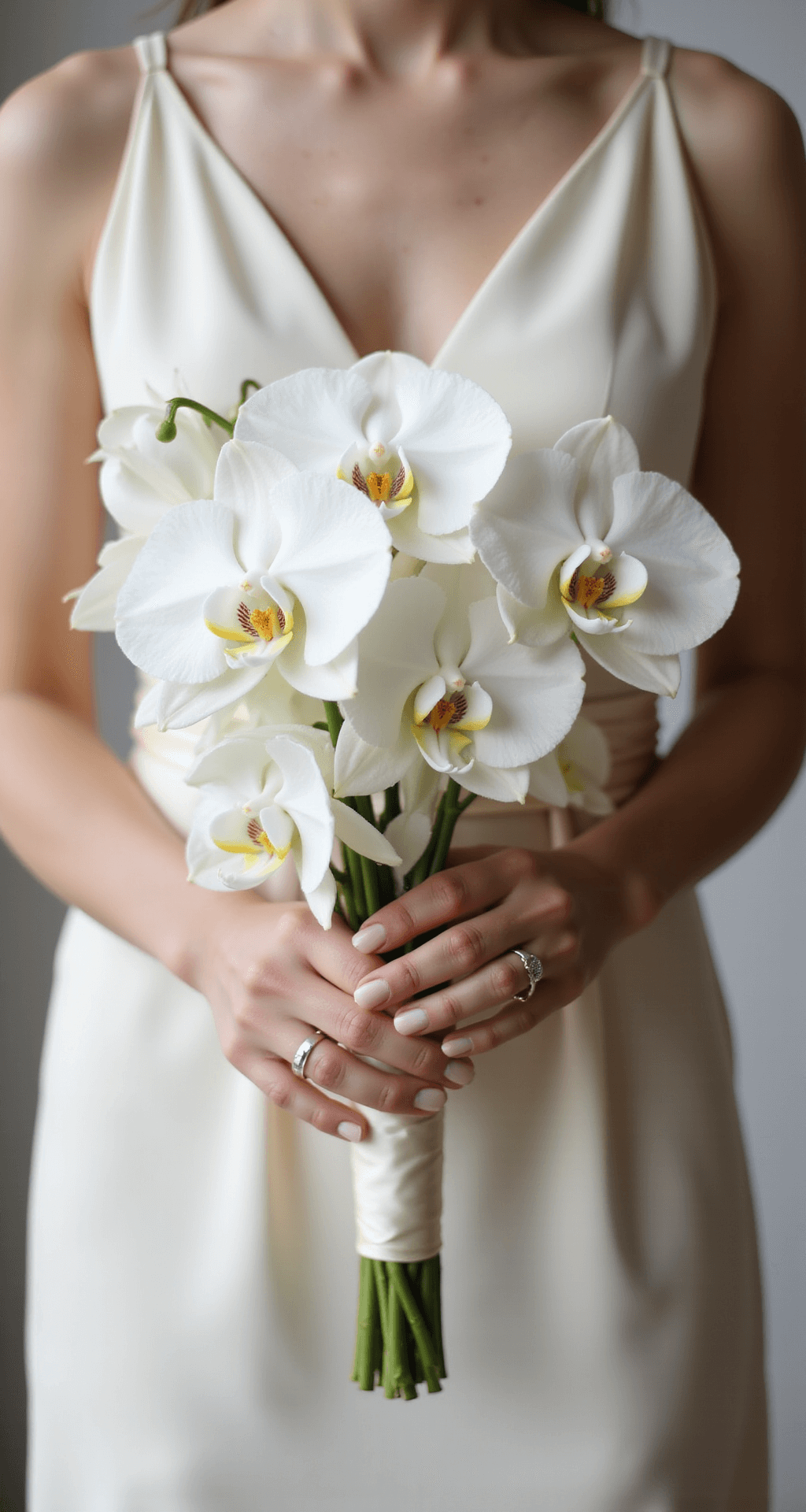 Elegant Minimalist Wedding Decor: How to Create a Stunning Celebration with Less Close-up of a minimalist bridal bouquet featuring white orchid stems wrapped in cream silk ribbon, held by a bride in a simple silk gown, against a soft bokeh background, highlighting elegant textures and negative space.