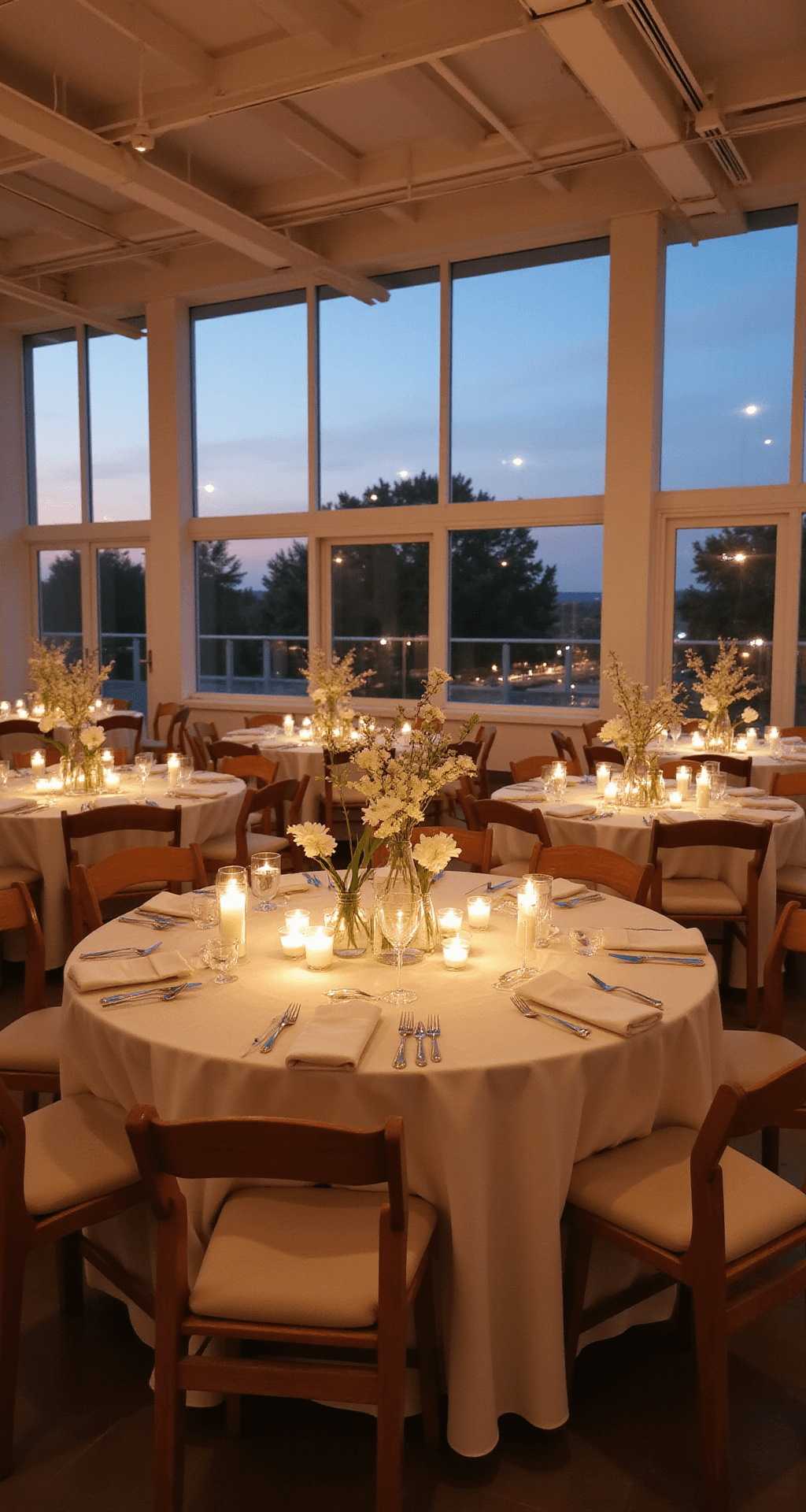 Elegant Minimalist Wedding Decor: How to Create a Stunning Celebration with Less Cinematic wide shot of a minimalist wedding reception in a modern indoor ballroom, featuring round tables with white linens and cream silk runners, tall glass vases with white flowers, various heights of candles, and warm ambient lighting, all under an exposed beam ceiling with large twilight windows, creating a luxurious and elegant atmosphere.
