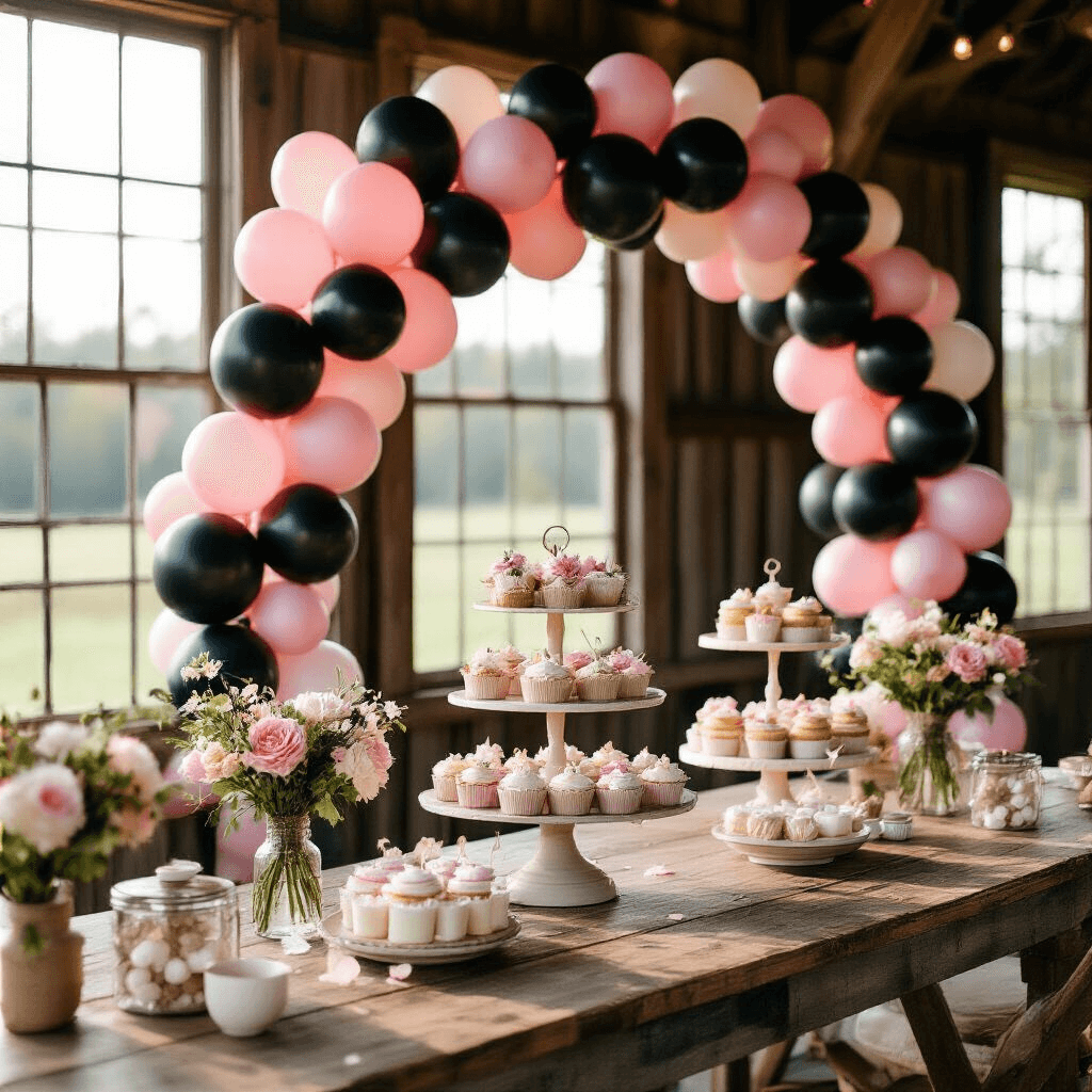Black and Pink Balloon Decorations: Your Complete Guide to Party-Perfect Setups Close-up of a rustic barn venue bathed in soft morning light, featuring an organic black and pink balloon arch around a dessert cart. The setup includes biodegradable balloons, clear confetti balloons, vintage wooden tables with tiered cakes and custom favors, and mason jars of pink and white florals, highlighting a blend of elegance and countryside charm.