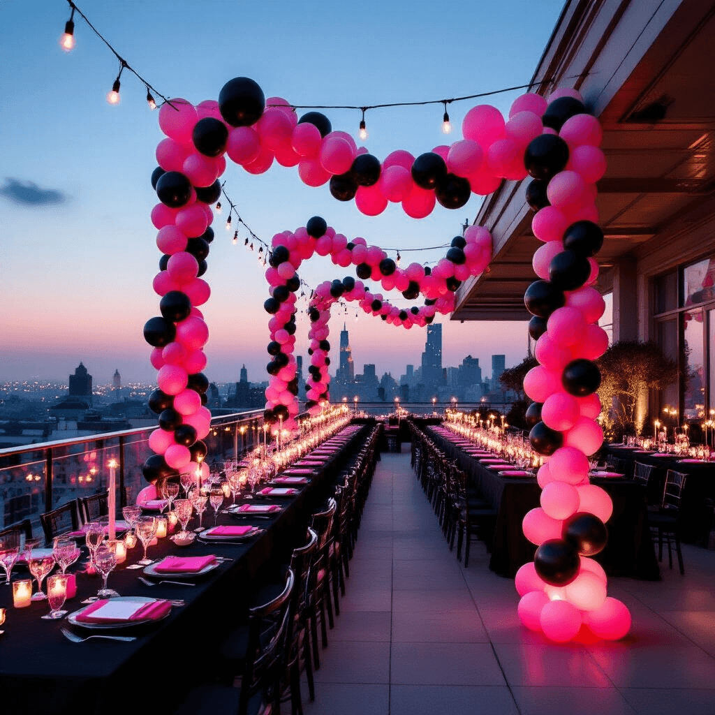 Black and Pink Balloon Decorations: Your Complete Guide to Party-Perfect Setups A glamorous rooftop terrace adorned with a black and pink balloon garland, elegant dining setup, and fairy lights, against a panoramic city backdrop at dusk.