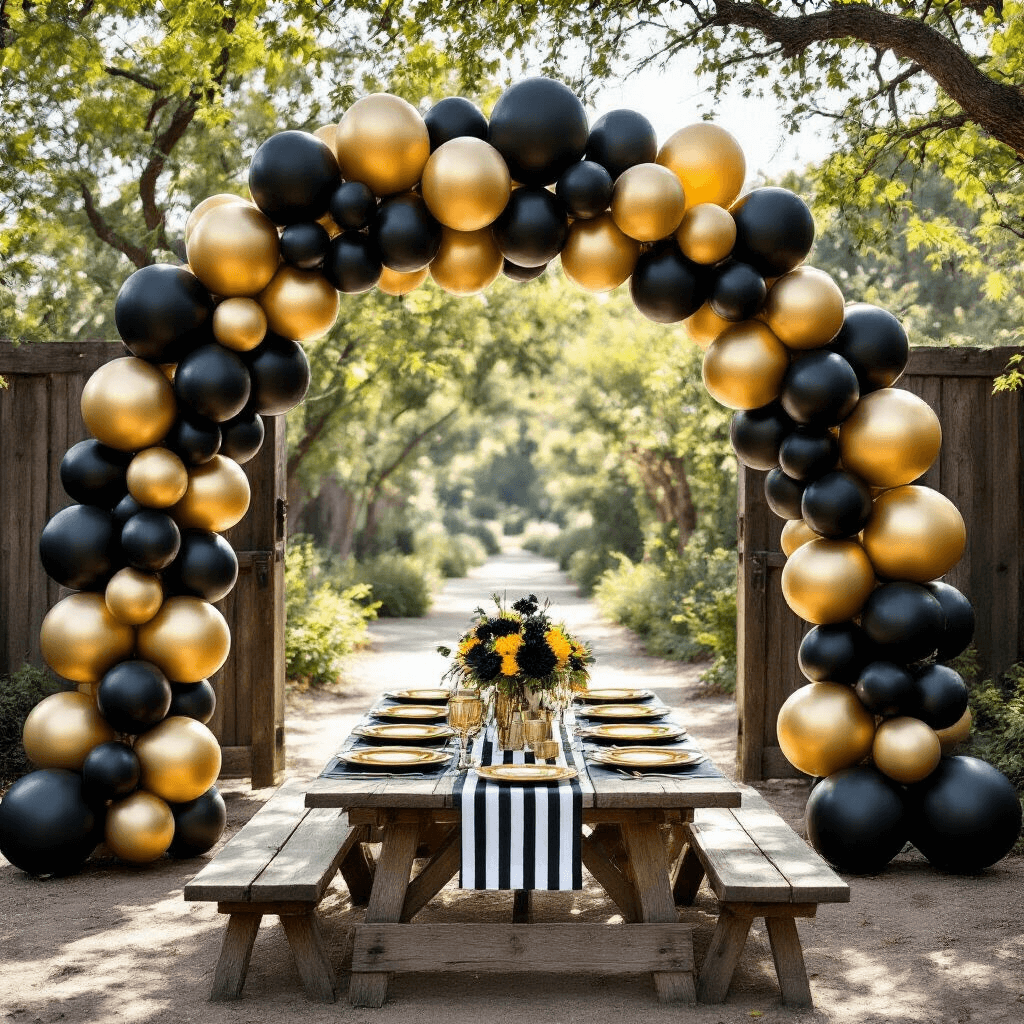 Black and Gold Balloons: Everything You Need to Know About These Showstopping Party Decorations A whimsical garden party setup featuring a dramatic black and gold balloon installation over a wooden gateway, with rustic picnic tables adorned with gold accents and floral centerpieces, all under dappled sunlight filtering through tree branches.