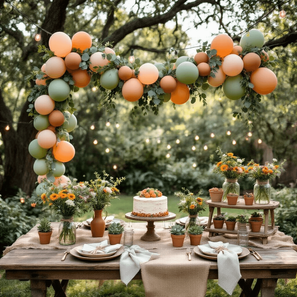 Where to Get Birthday Balloons: Your Complete Guide to Finding Perfect Party Decorations Overhead flat lay of a rustic garden party setup with a wooden farm table, terracotta and sage green balloon garlands, ceramic plates, wildflower centerpieces, a vintage dessert cart with a naked cake, and fairy lights strung between oak trees, all bathed in soft morning light.