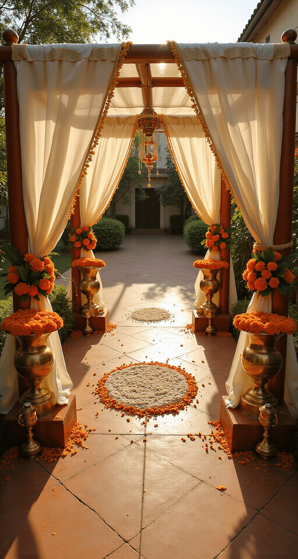 South Indian Wedding Decor: Creating Authentic Celebrations That Honor Tradition Without Breaking the Bank Overhead view of a South Indian wedding mandapam in a garden courtyard during golden hour, featuring silk drapes, banana stem pillars with marigold garlands, brass vessels with marigolds, an intricate kolam pattern, and polished oil lamps amidst rose petals.