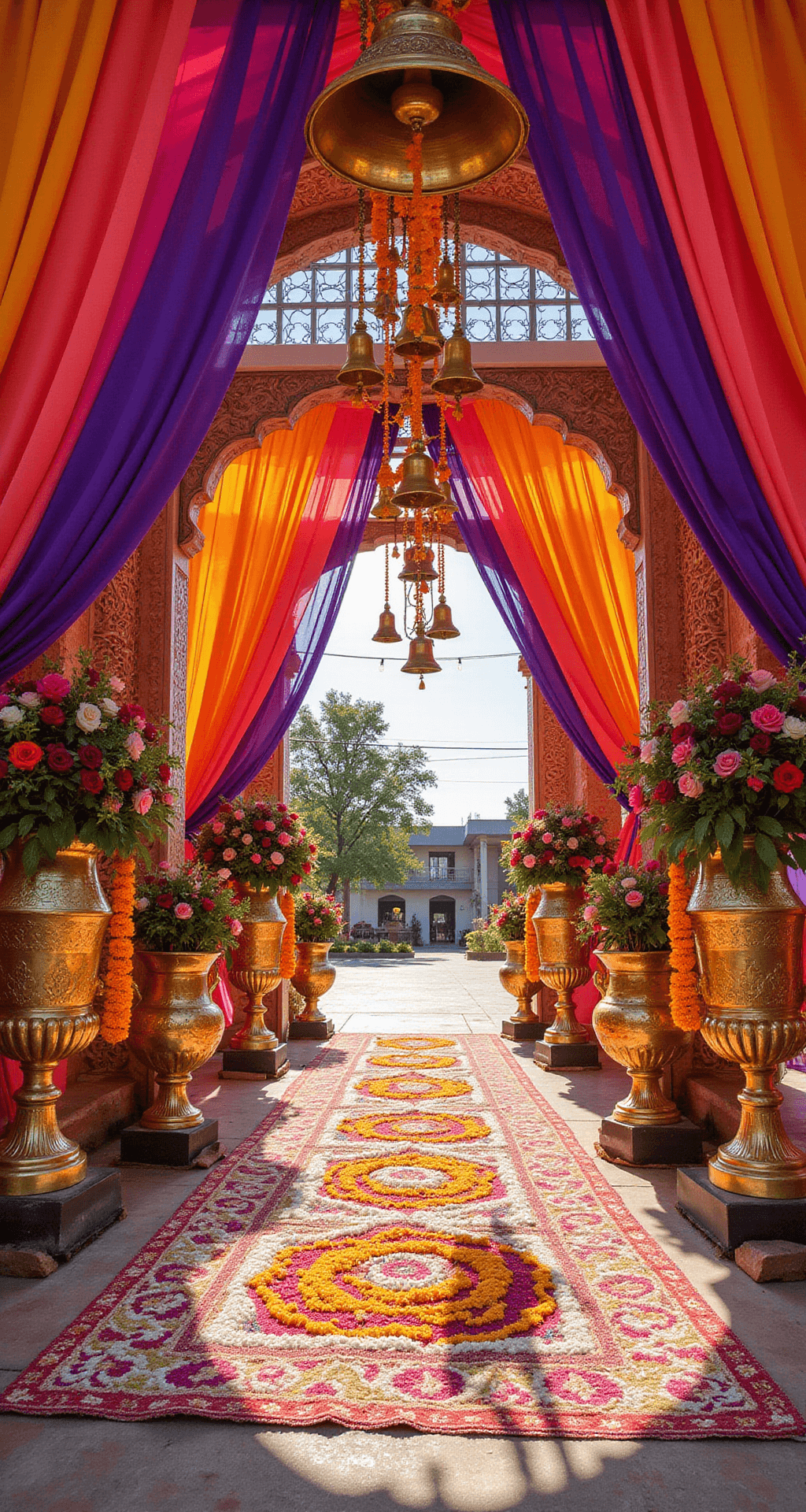 South Indian Wedding Decor: Creating Authentic Celebrations That Honor Tradition Without Breaking the Bank Close-up of vibrant Telugu wedding entrance decorations featuring ornate golden arches, heavy silk drapes in royal purple, bright orange, and hot pink, large flower arrangements in brass urns, and colorful rangoli patterns on the ground, all under midday sunlight.