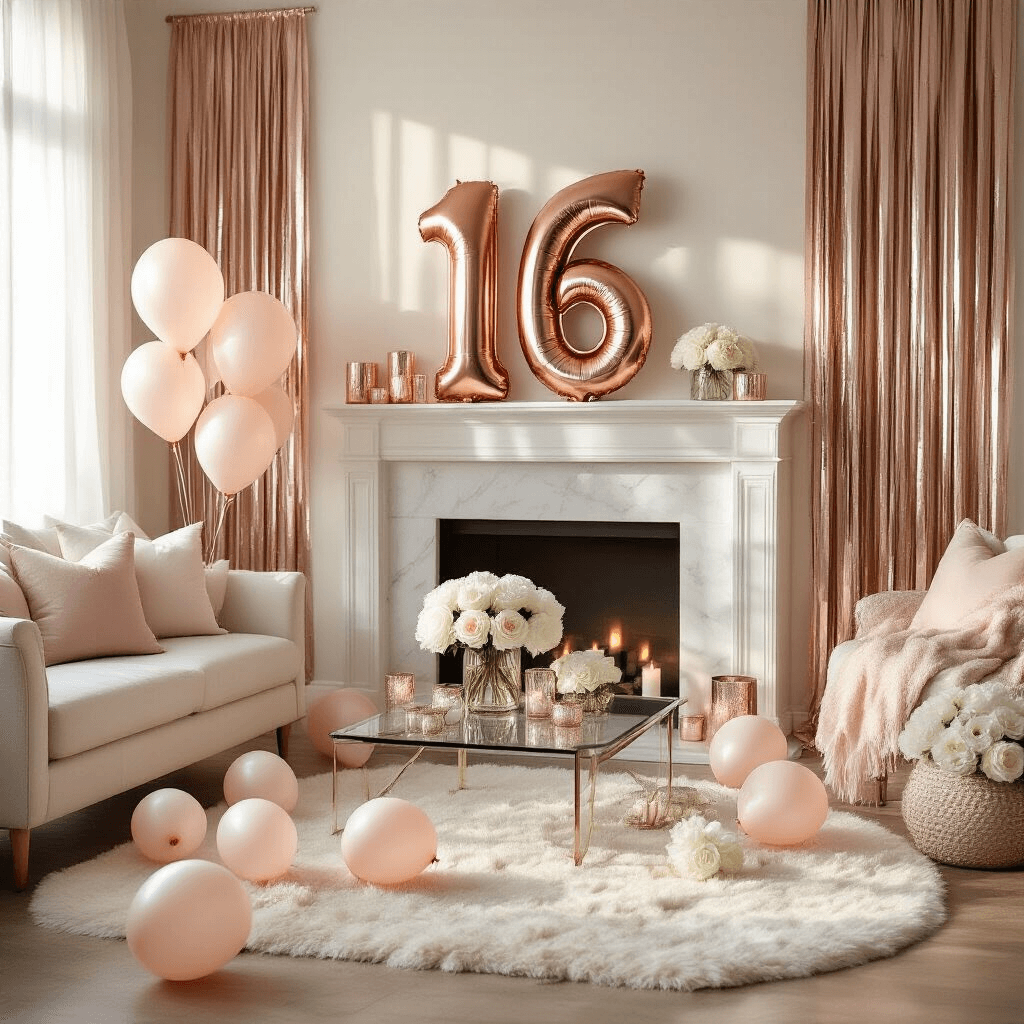 16-Inch Number Balloons: The Tiny Party Heroes That Pack a Punch Cinematic wide-angle shot of a cozy modern apartment living room at golden hour, featuring rose gold number balloons, a white marble fireplace, soft sunlight through sheer curtains, cream silk throw pillows, an ivory area rug, and blush pink latex balloons, complemented by low coffee tables with peonies and amber-lit mercury glass candles.