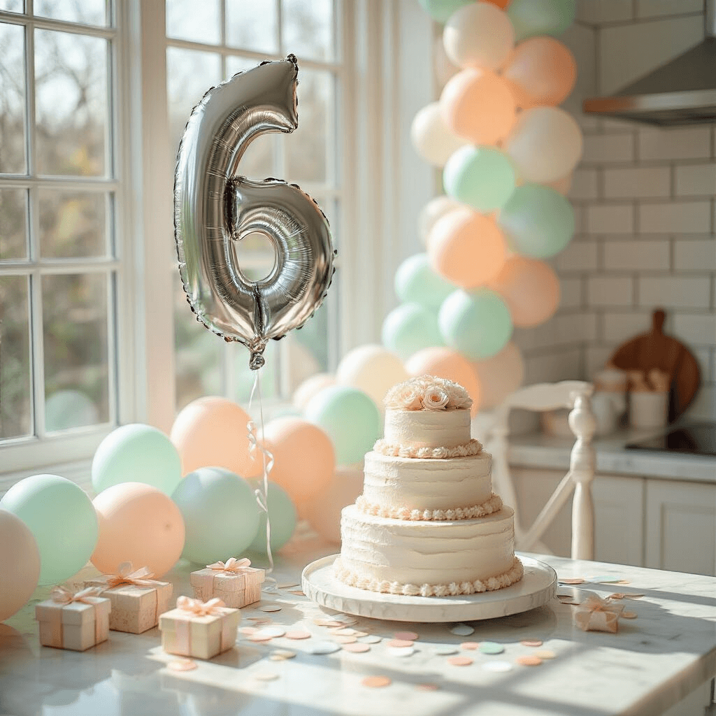 16-Inch Number Balloons: The Tiny Party Heroes That Pack a Punch Close-up of a whimsical first birthday high chair decorated with a silver number balloon and pastel balloon garland in a bright kitchen, featuring a vanilla cake with buttercream roses and playful confetti.